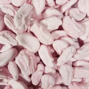 Barratts raspberry flavour, pink foam sweets that are shaped like shrimps