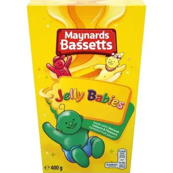 A large 400g box of traditional jelly baby sweets made by Maynards Bassetts