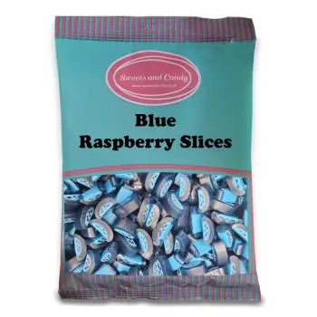 A bulk bag of blue raspberry slices, peelable liquorice sweets