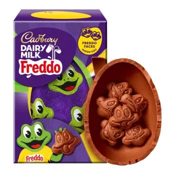A hollow Cadbury Dairy Milk chocolate Easter egg filled with Cadbury Dairy Milk Chocolate Freddo faces. A great Easter chocolate treat.
