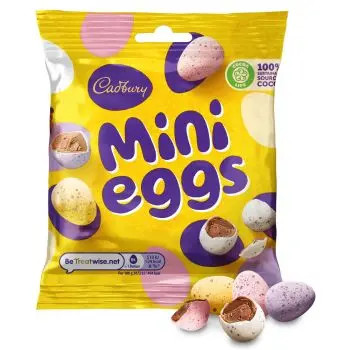 An Easter treat - Cadbury Mini Eggs. A pocket size pack of solid milk mini chocolate eggs in a crisp sugar shell.