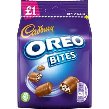 A share size bag of cadbury oreo bites made of milk chocolate with a creamy filling and crunchy oreo bites