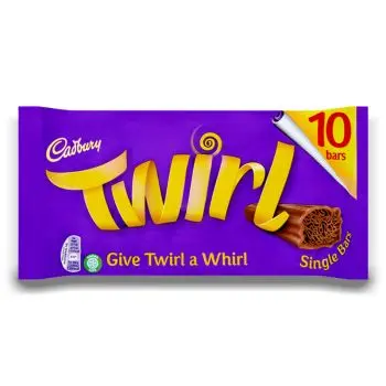 A pack of 10 Cadbury twirl bars, milk chocolate in a twirly whirly bar!