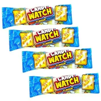Retro hard candy sweets on a stretchy elastic to look like watches.