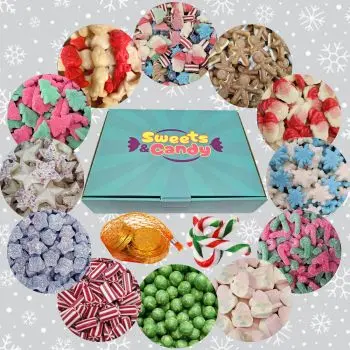 A hamper box filled with a variety of Christmas sweets and chocolates