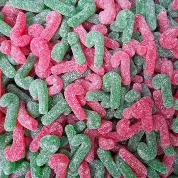 Christmas Sweets - Strawberry flavour gummies sweets shaped like candy canes with a sugar coating
