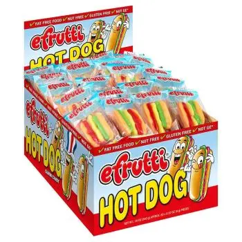 American Sweets - A full case of 60 fruit flavour gummy sweets shaped like hotdogs