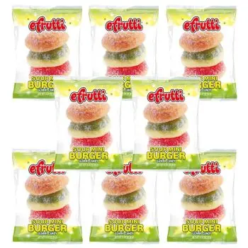 American Sweets - A pack of 8 sour fruit flavour gummy sweets shaped like burgers