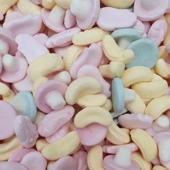 foam shrimps, foam bananas, and foam mushroom sweets all mixed together