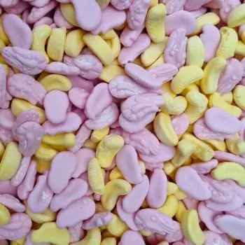 Retro Sweets - Raspberry and banana flavour foam sweets shaped like shrimps and bananas