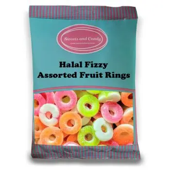 Halal Pick and Mix Sweets - 1kg Bulk bag of Halal Fizzy Assorted Fruit Rings, fruit flavour jelly sweets shaped like rings with a sugar coating