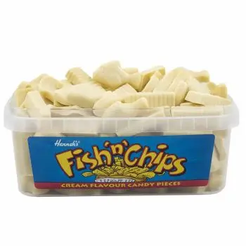 Pick and Mix Sweets - A full tub of fish and chips shaped white chocolate flavour sweets