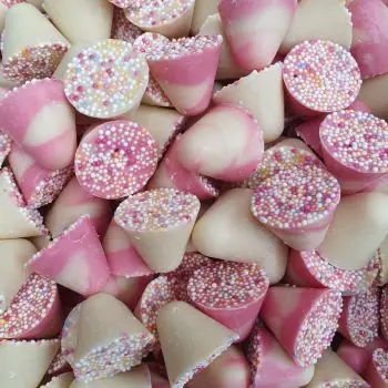 Strawberry and cream flavour chocolate candy in a spinning top shape with sprinkles on top