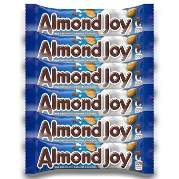 American Sweets - A pack of 6 Hersheys Almond Joy American candy bars consisting of whole almonds and sweetened, shredded coconut covered in milk chocolate