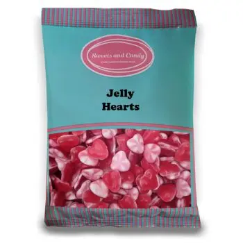 Jelly Hearts - 1Kg Bulk bag of retro fruit flavour jelly sweets shaped like hearts, with a pink and white swirled back.