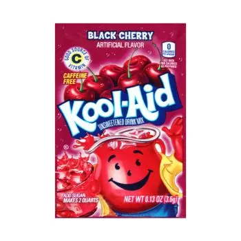 A sachet of Black Cherry Kool Aid, a drink powder imported from America.