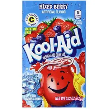 A sachet of Mixed Berry Kool Aid, a drink powder imported from America.