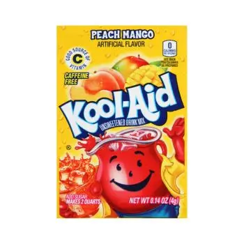 A sachet of Peach Mango Kool Aid, a drink powder imported from America.