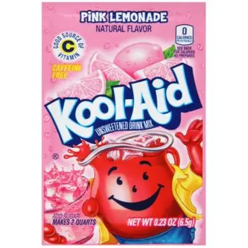 A sachet of Pink lemonade Kool Aid, a drink powder imported from America.
