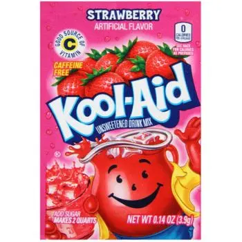 A sachet of Strawberry Kool Aid, a drink powder imported from America.