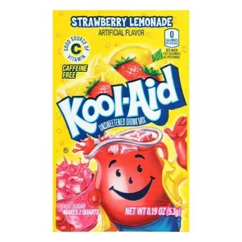 A sachet of Strawberry Lemonade Kool Aid, a drink powder imported from America.