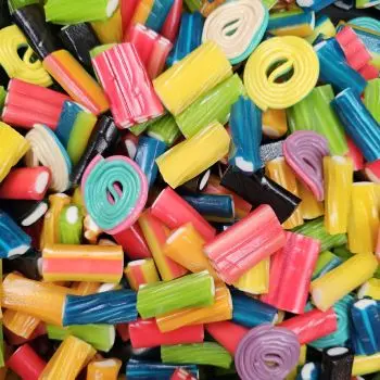 Retro Sweets - An assortment of fruity liquorice sweets including pencils and wheels.