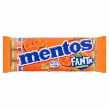 A pack of 3 rolls of Fanta orange flavour chewy mentos sweets
