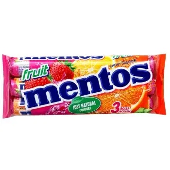 A pack of 3 rolls of fruit flavour chewy mentos sweets