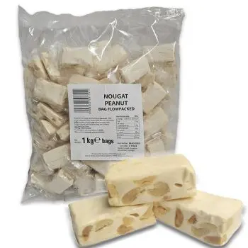 A bulk 1kg bag of traditional soft nougat chunks with peanuts