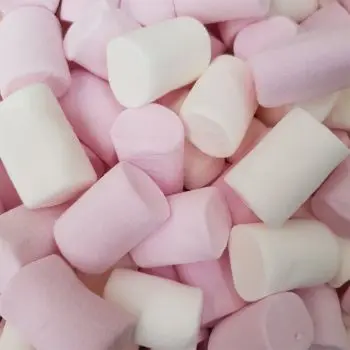 A 120g bag of Pink and white marshmallow tubes, retro sweets.