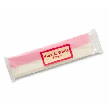 Pink and white nougat bar consisting of half strawberry flavour nougat and half vanilla flavour nougat
