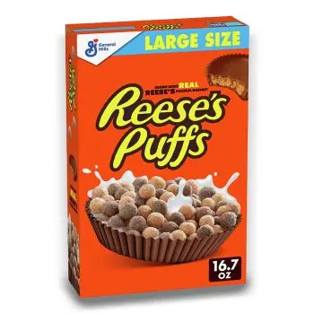 American Sweets - A large box full of Reeses Puffs, peanut butter flavour breakfast cereal.
