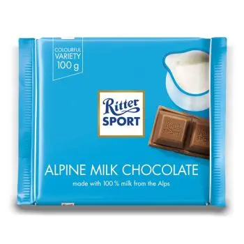 Ritter Sport Alpine Milk Chocolate - A special conching process gives this mixture of Alpine milk and cocoa its characteristic caramel and honey flavour.
