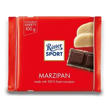 Ritter Sport Marzipan 100g bar - Ritter Sport have combined sweet Californian almonds and covered them with a deliciously rich, dark chocolate. Your favourite childhood cake, now in a chocolatey form.