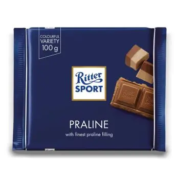 Ritter Sport Praline - This bar's main attraction is its creamy praline filling. Lots of hazelnuts, roasted golden-brown and finely ground, giving it an intense, nutty taste.