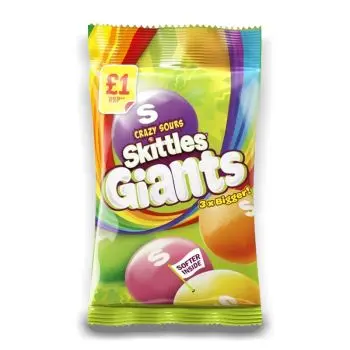 Skittles Giants Sour Sweets are truely delicious. Each bag includes sour apple, sour cherry, sour raspberry, sour mandarin, sour pineapple flavours. Giants are 3x bigger with the same crunchy shell and bigger soft centre with a bright explosion of fruity 