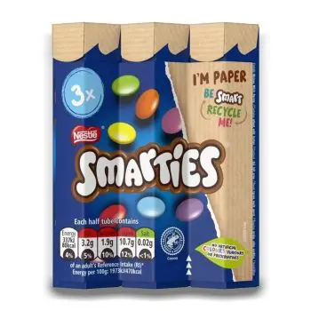 Yummy smooth milk chocolate covered in colourful crisp sugar shells, now available as the convenient paper-packaged Smarties 3 pack