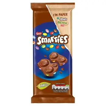 A milk chocolate bar filled with colourful smarties sweets