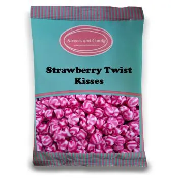 Strawberry Twist Kisses - A bulk 1kg bag of Strawberry and Cream flavour jelly sweets with a pink and cream pattern.