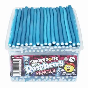 Sweetzone blue raspberry pencils sweets in a bulk plastic tub