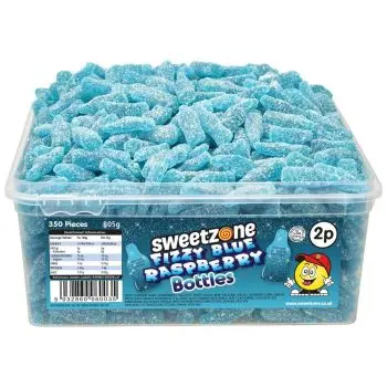 Sweetzone Fizzy blue raspberry bottles in a bulk plastic tub