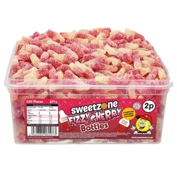 Sweetzone Fizzy Cherry Cola Bottles in a bulk plastic tub
