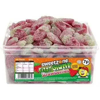 Sweetzone fizzy giant strawberries in a bulk plastic tub