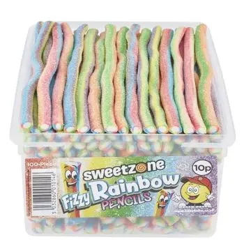 Sweetzone fizzy rainbow pencils sweets in a bulk plastic tubs