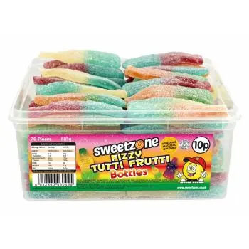 Sweetzone Fizzy Tutti Frutti Bottles in a bulk plastic tub.