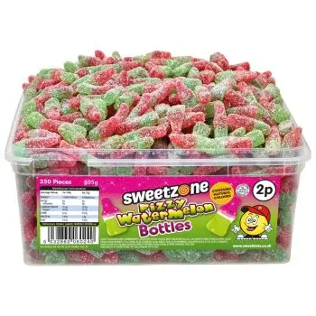 Sweetzone Fizzy Watermelon Bottles in a bulk plastic tub