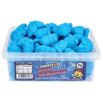 Sweetzone foam blue raspberry sweets in a bulk plastic tub