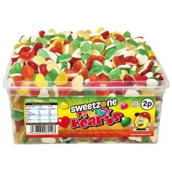 Sweetzone fruity hearts sweets in a bulk plastic tub