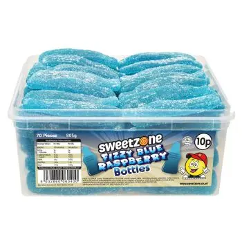 Sweetzone Giant Fizzy blue raspberry bottles in a bulk plastic tub