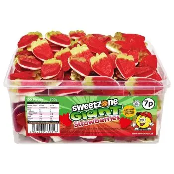 Sweetzone giant strawberries sweets in a bulk plastic tub